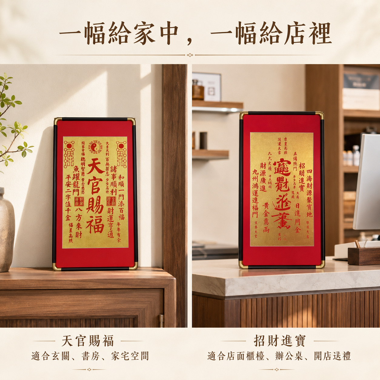 天官賜福・招財進寶｜純手工拓片實木框裝飾畫雙幅組
