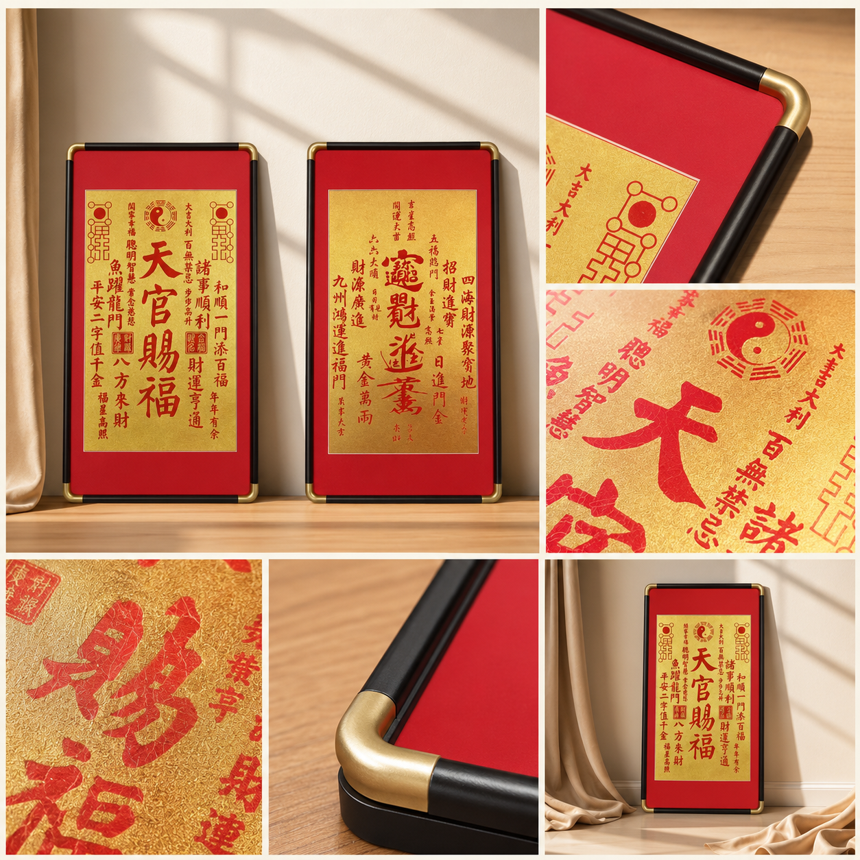 天官賜福・招財進寶｜純手工拓片實木框裝飾畫雙幅組