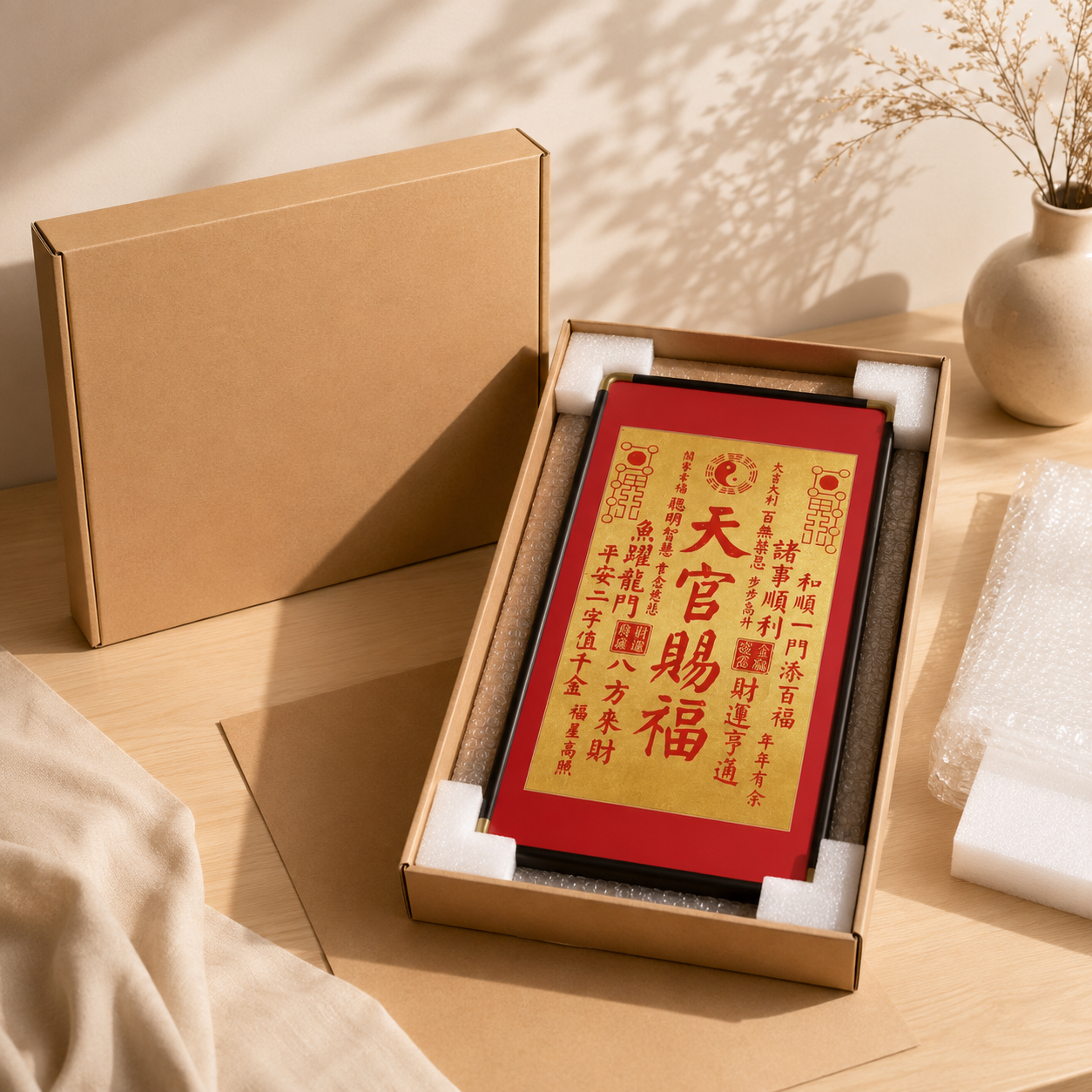 天官賜福・招財進寶｜純手工拓片實木框裝飾畫雙幅組