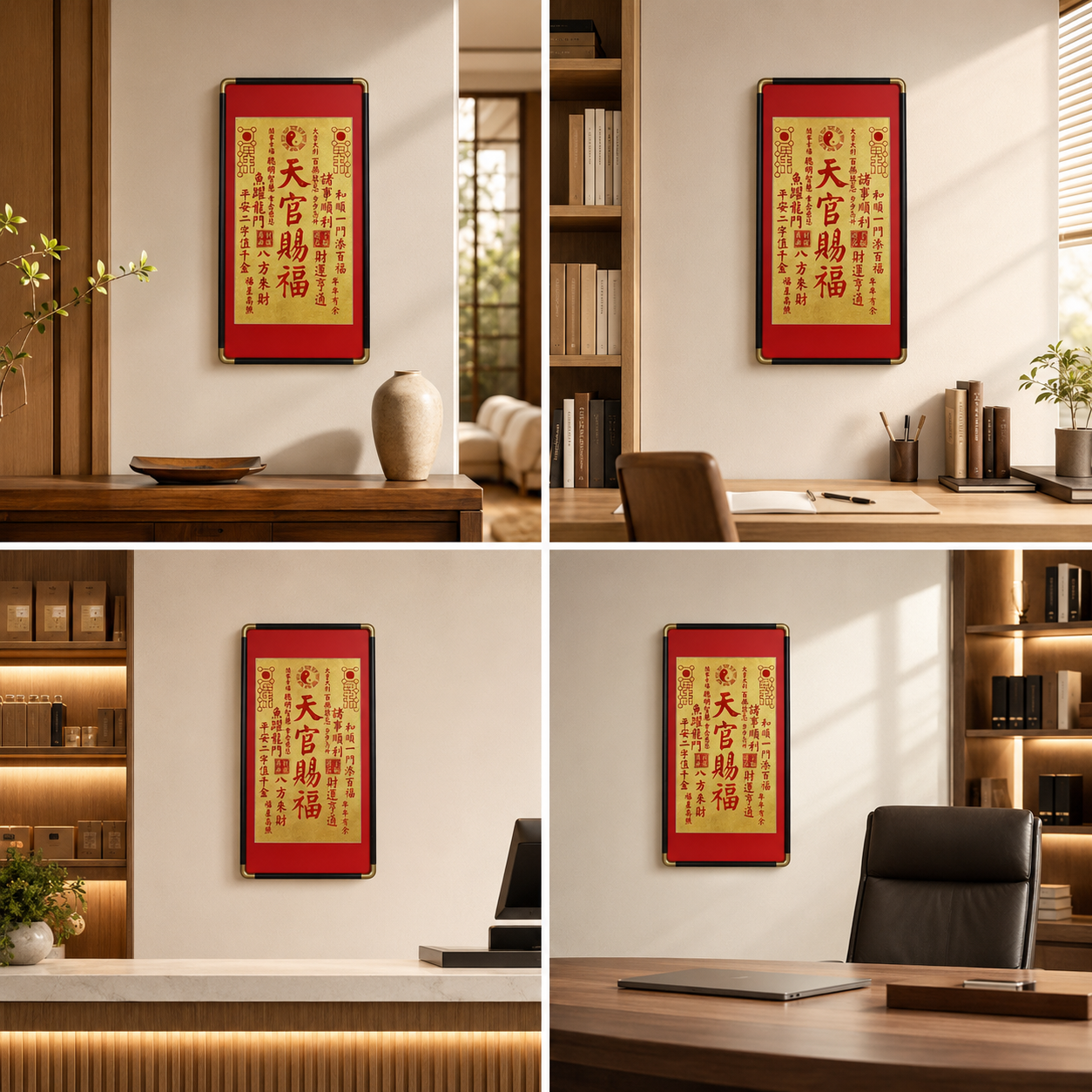 天官賜福・招財進寶｜純手工拓片實木框裝飾畫雙幅組