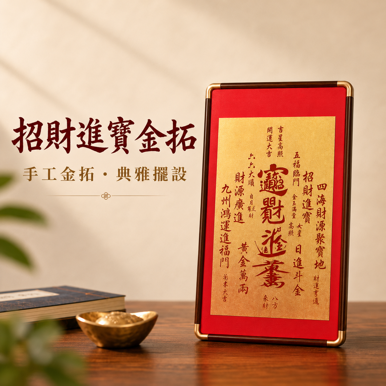 天官賜福・招財進寶｜純手工拓片實木框裝飾畫雙幅組
