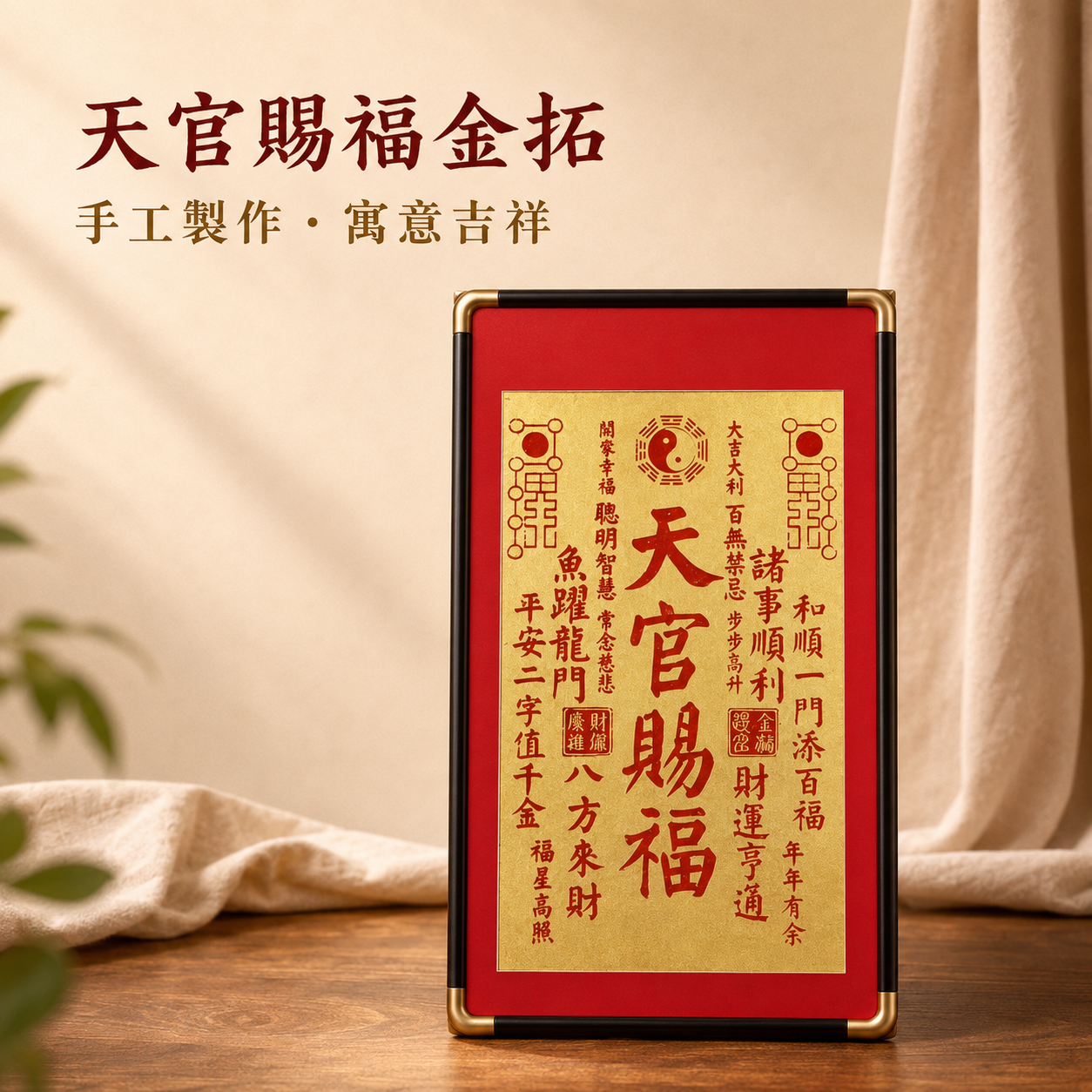 天官賜福・招財進寶｜純手工拓片實木框裝飾畫雙幅組