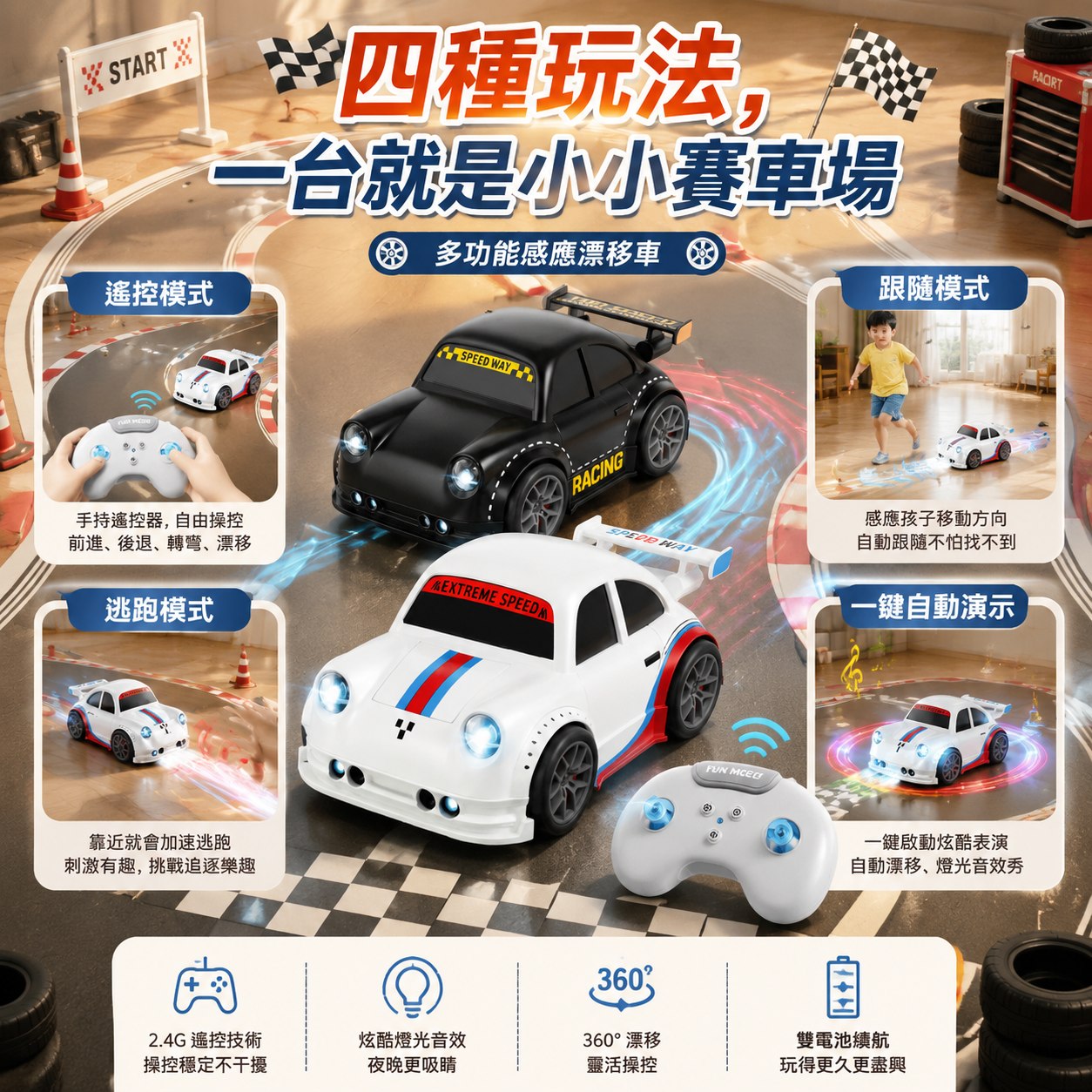 多功能感應遙控漂移車｜跟隨逃跑模式・一鍵漂移・親子互動玩具