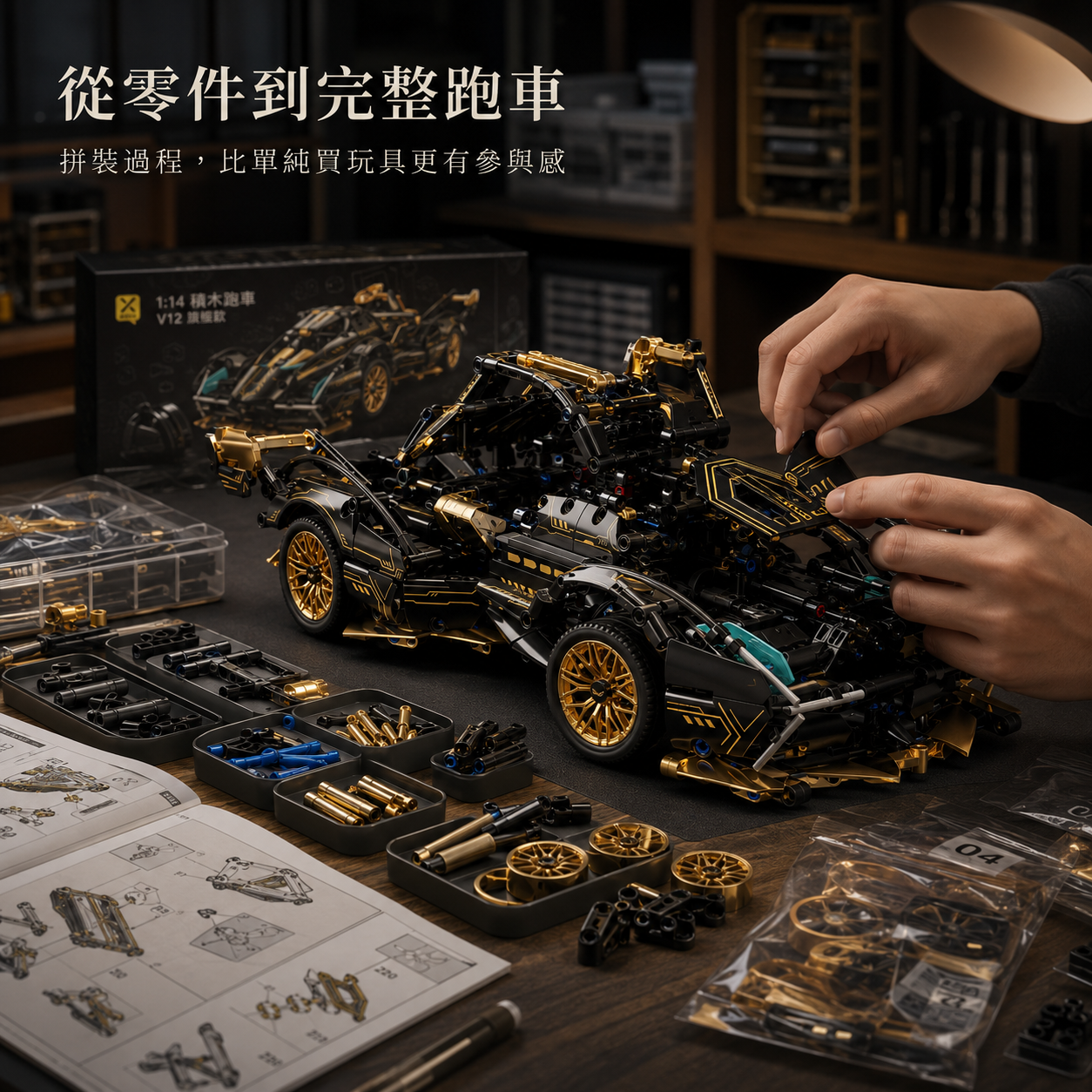 1:14 V12 積木跑車拼裝模型｜燈光遙控版・男生禮物・桌面展示收藏