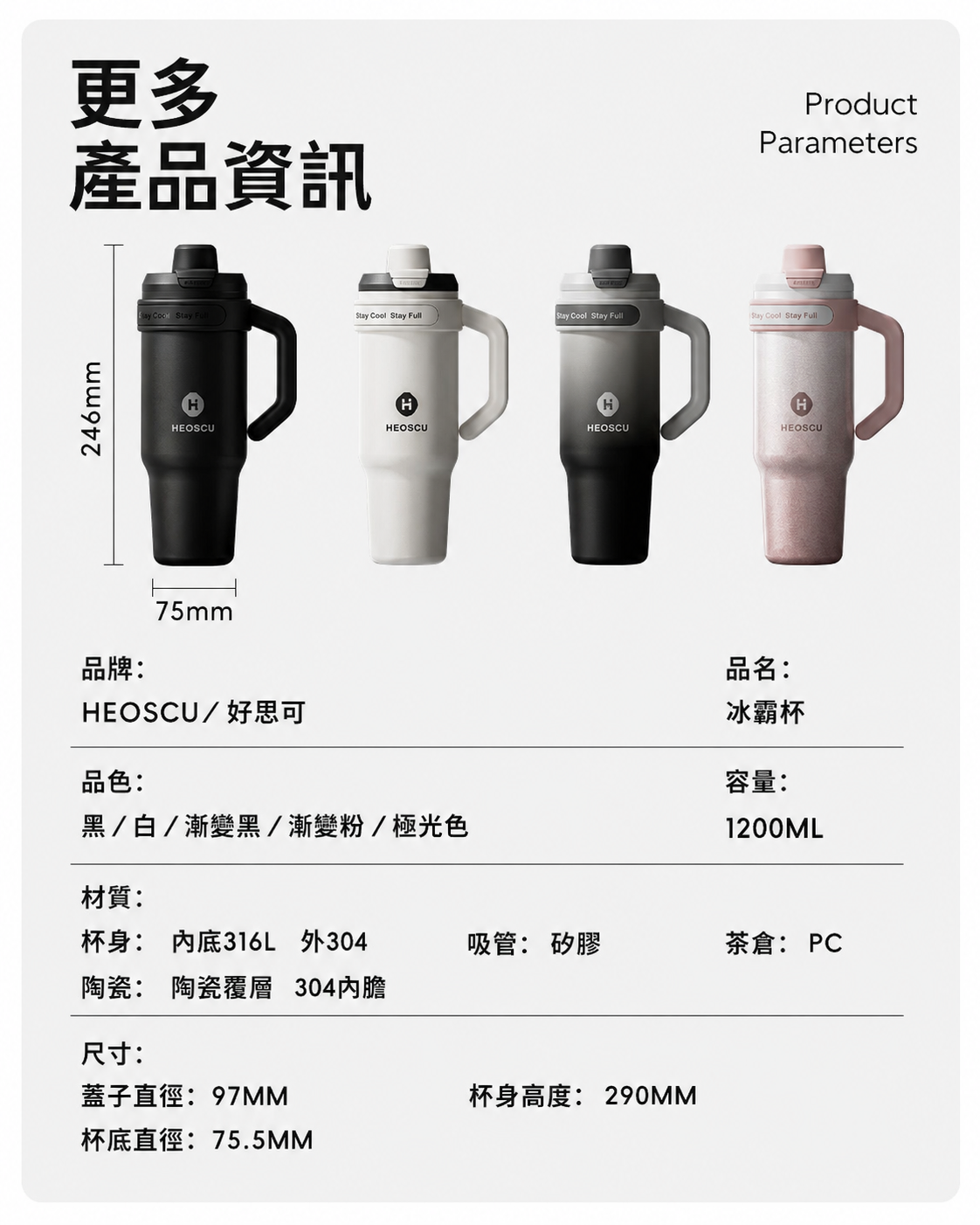 1200ML 大容量冰霸杯｜陶瓷內膽保溫保冷手提吸管杯｜車載健身旅行隨行杯