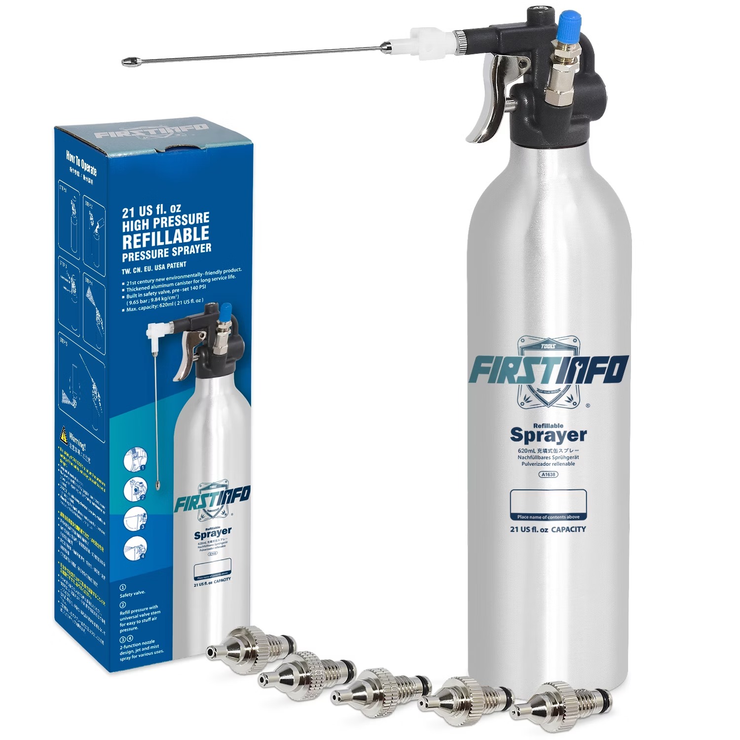 FIRSTINFO A1638Y5 Refillable Pressure Sprayer 620ml + 5 Nozzles / Aluminum Thickened Can, 140 Psi