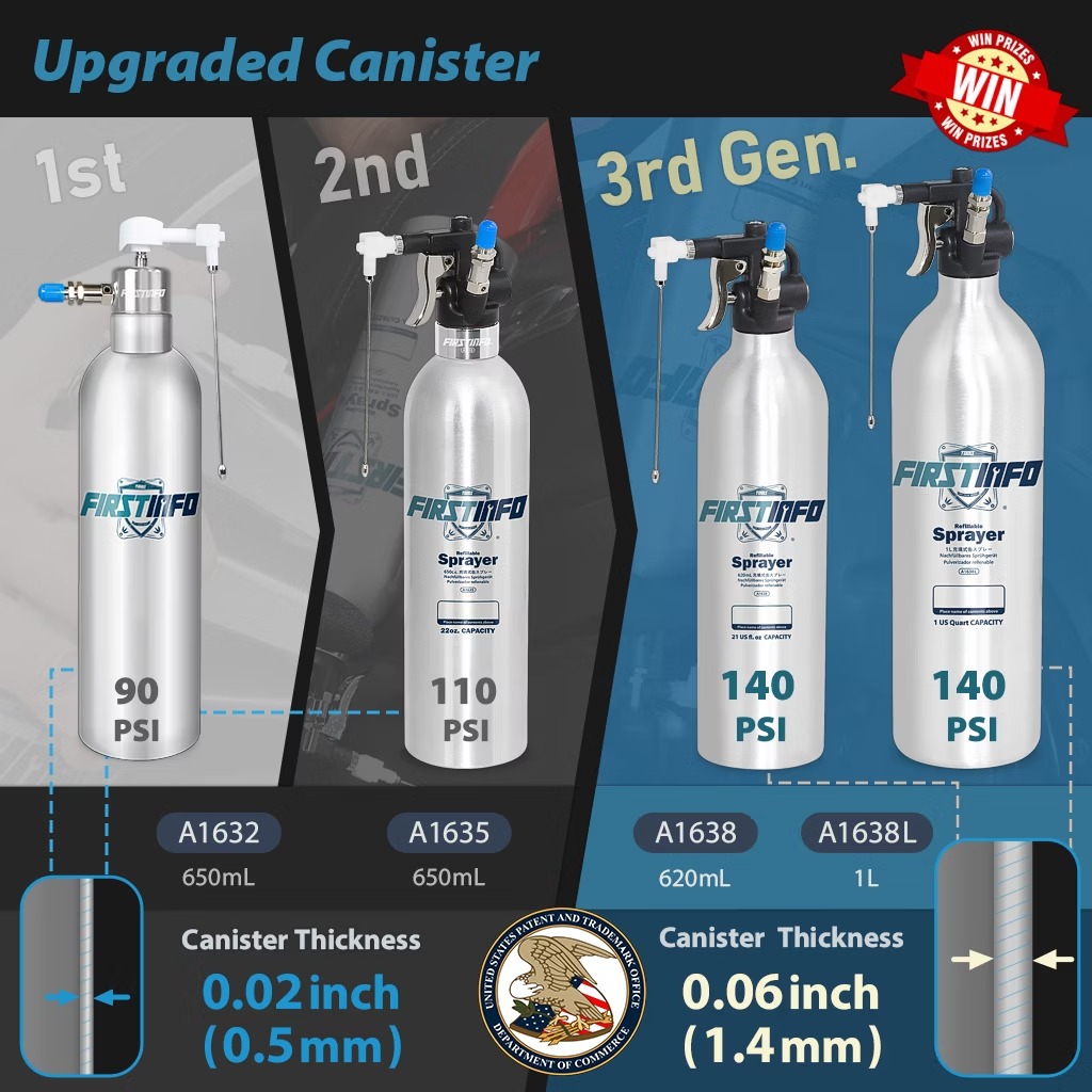 FIRSTINFO A1638Y5 Refillable Pressure Sprayer 620ml + 5 Nozzles / Aluminum Thickened Can, 140 Psi