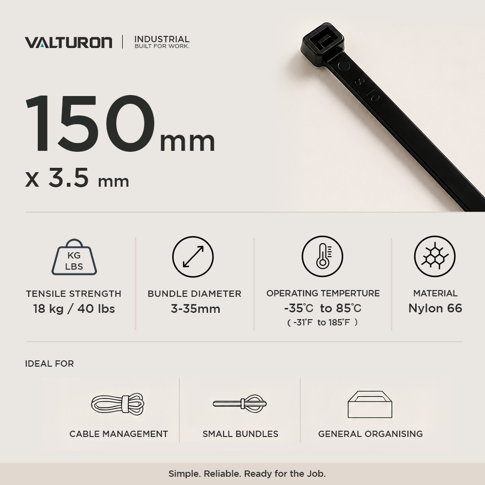VALTURON Nylon Cable Ties – 150mm × 3.5mm