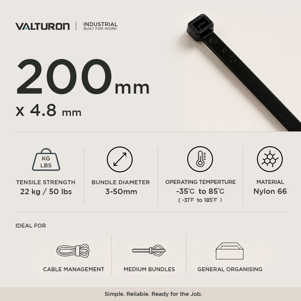 VALTURON Nylon Cable Ties – 200mm × 4.8mm