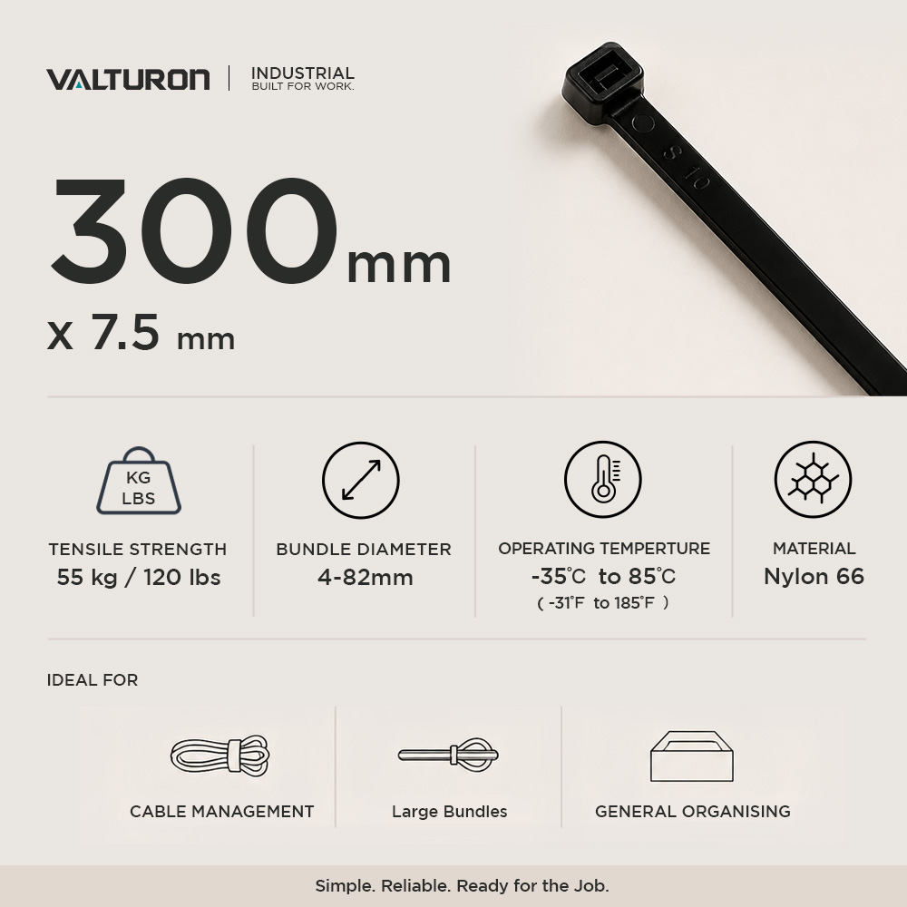 VALTURON Nylon Cable Ties – 300mm × 7.5mm