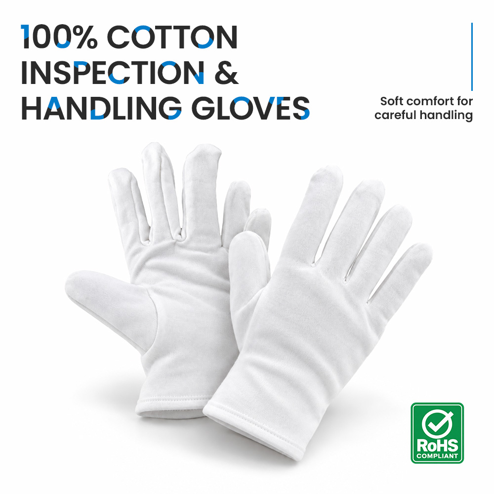 100% Cotton Inspection & Handling Gloves – White, Large, 6 Pairs