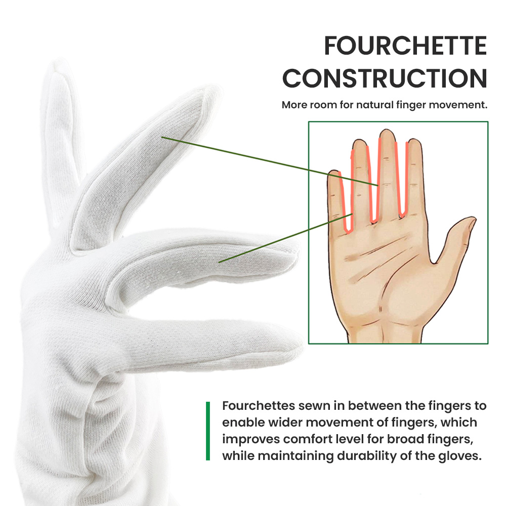 100% Cotton Inspection & Handling Gloves – White, Large, 6 Pairs