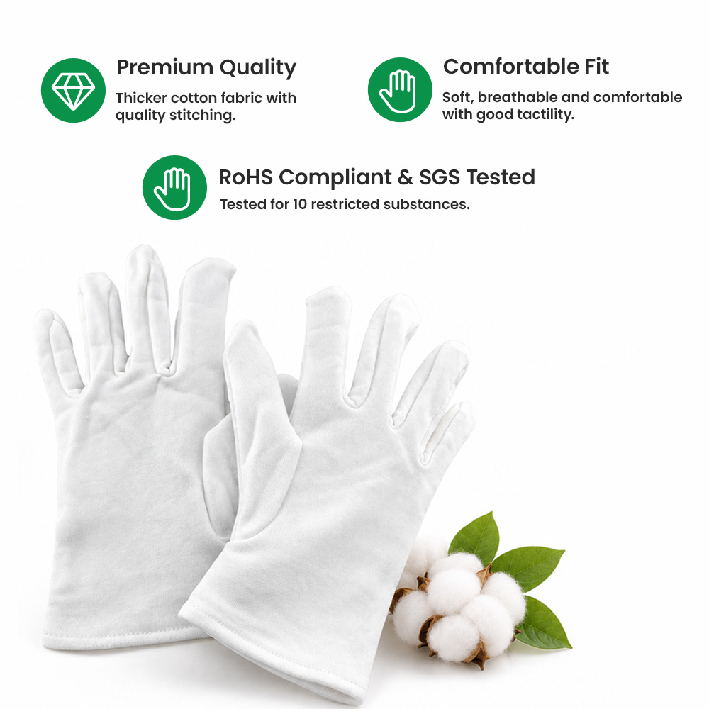 100% Cotton Inspection & Handling Gloves – White, Large, 6 Pairs