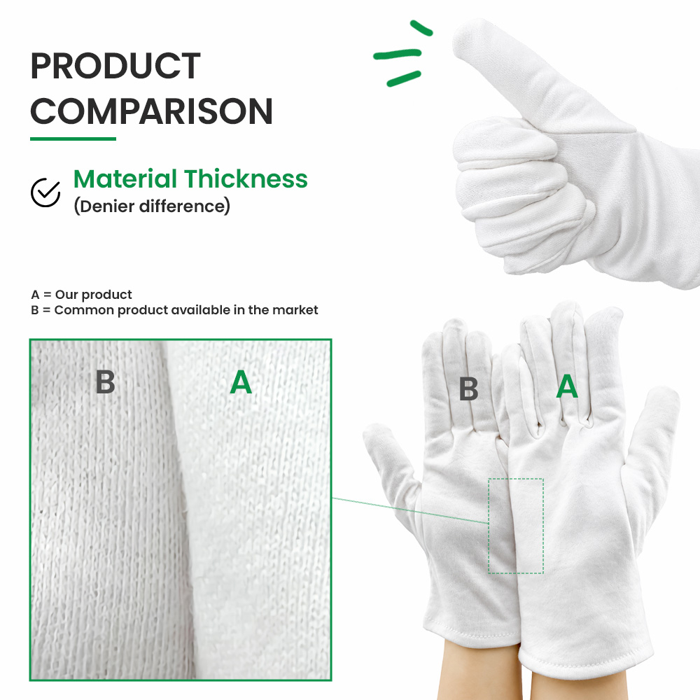 100% Cotton Inspection & Handling Gloves – White, Large, 6 Pairs