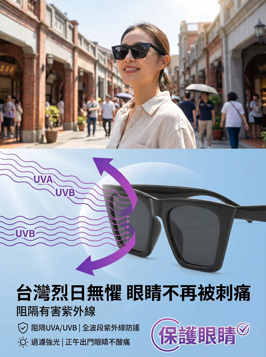 時尚方形墨鏡佩戴效果圖