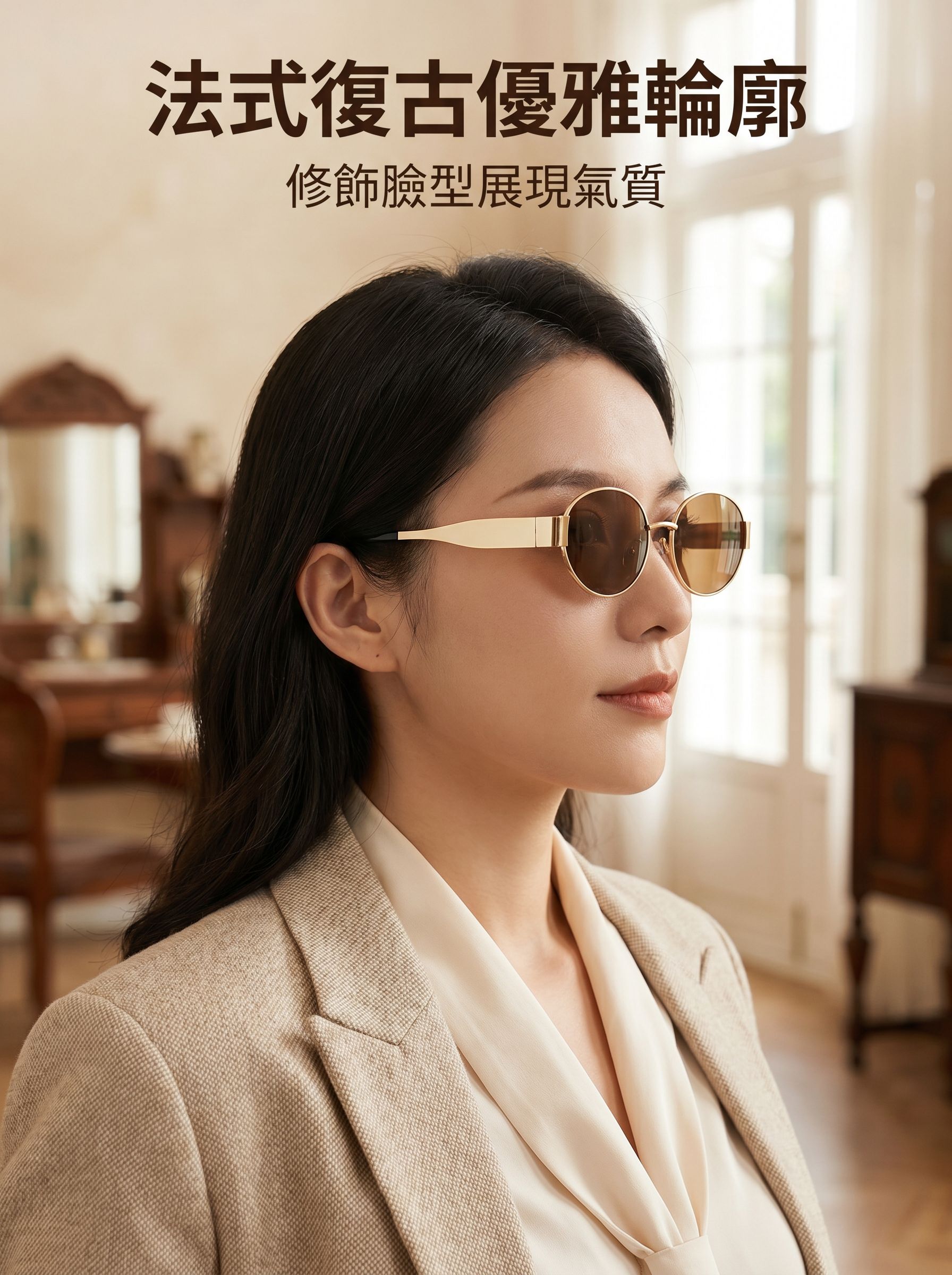 法式復古橢圓小框太陽眼鏡正面展示