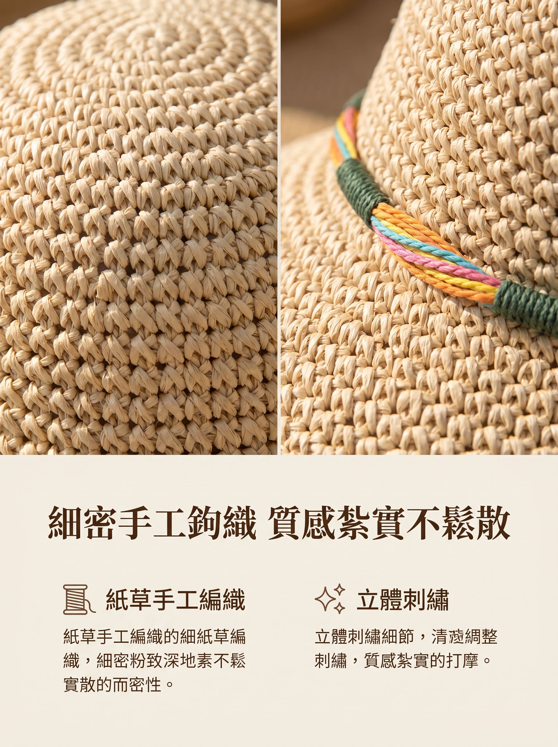 多彩繩子點綴的漁夫草帽造型