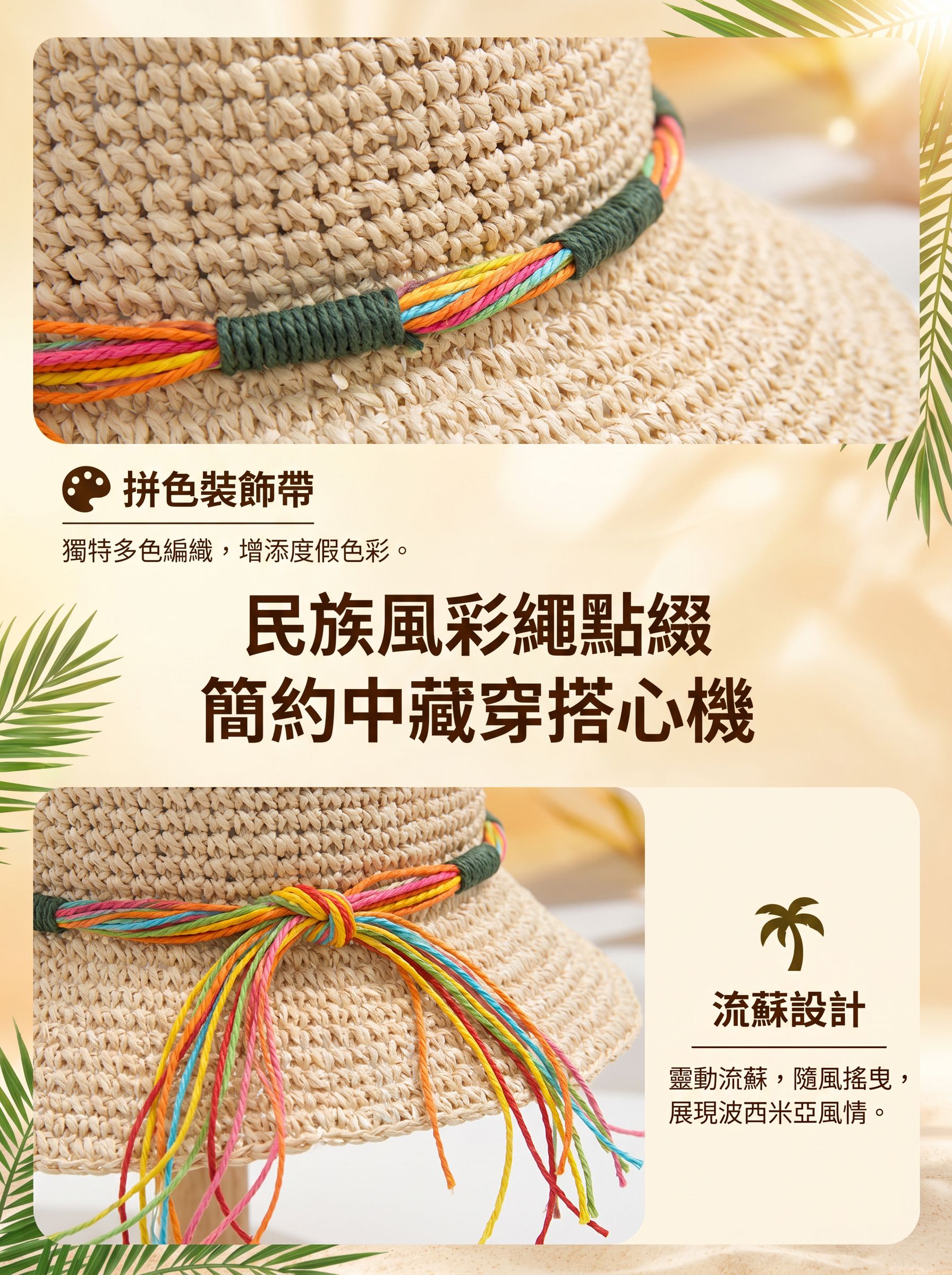 適合旅行的彩繩休閒草帽