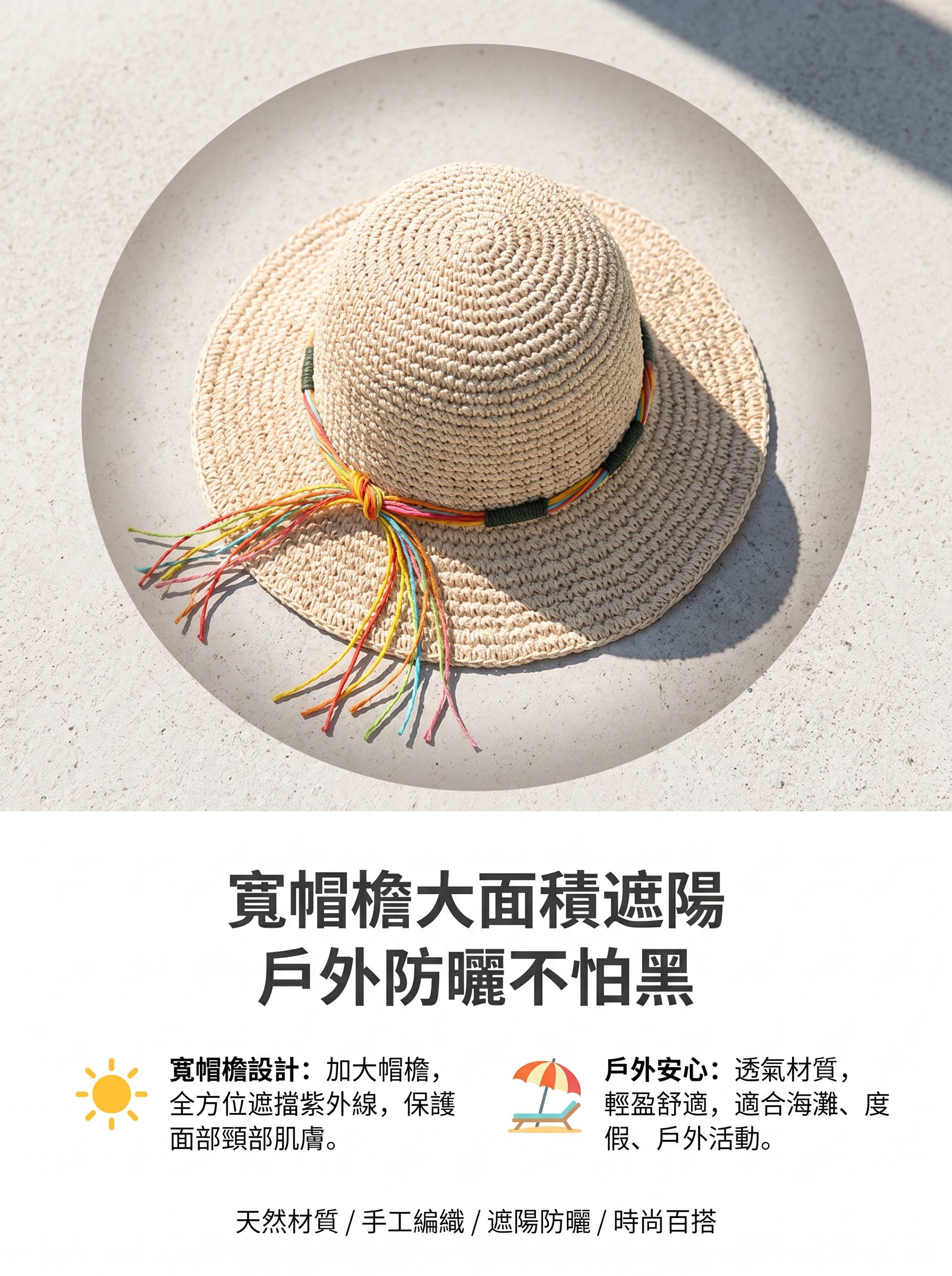 時尚彩色繩子裝飾草帽細節