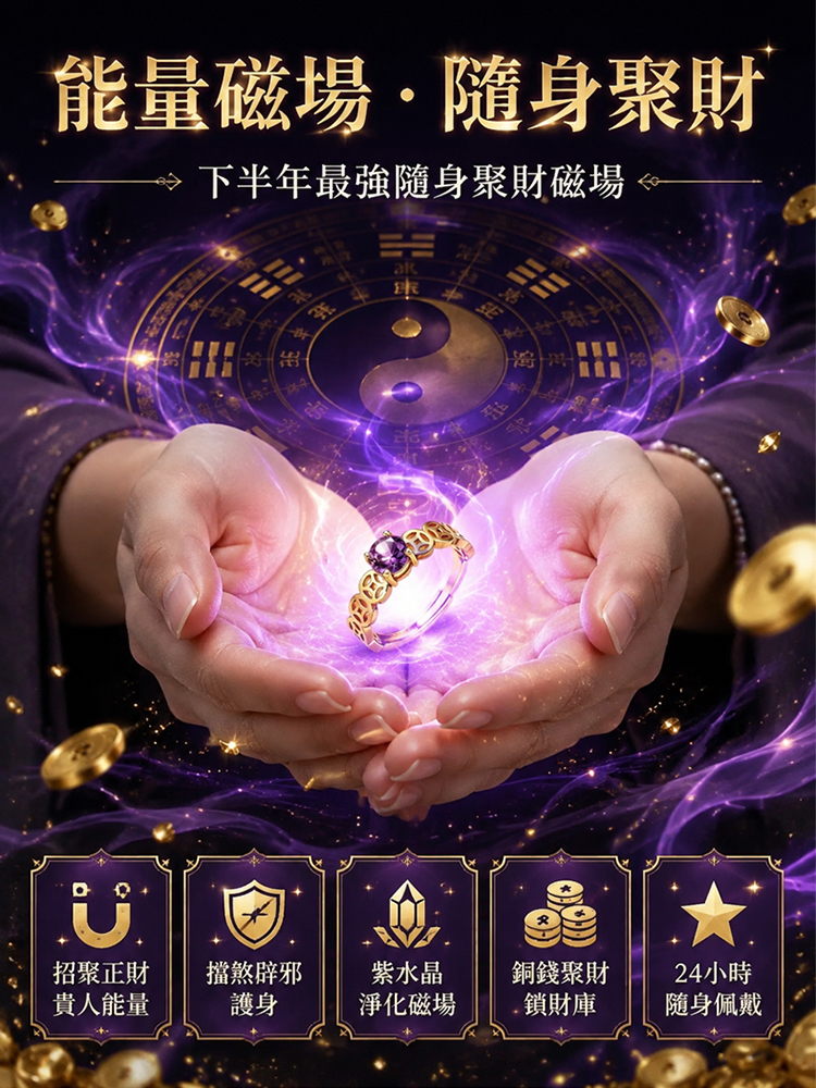 紫氣東來附鑽招財銅錢戒指