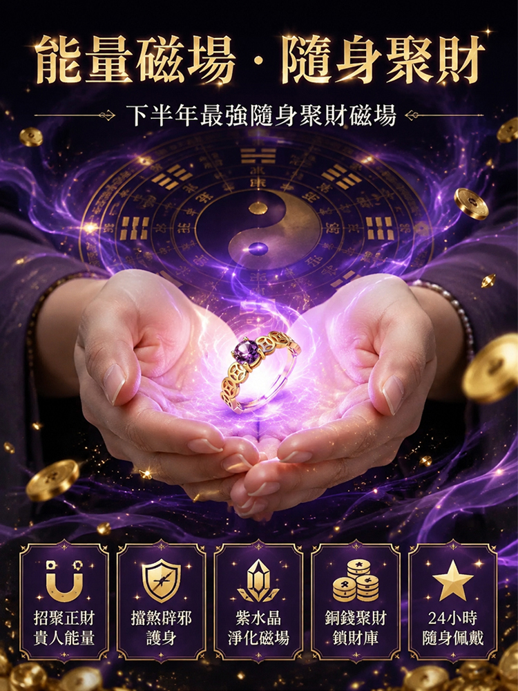 紫氣東來附鑽招財銅錢戒指
