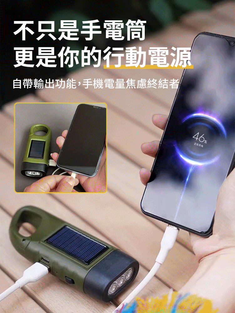 【升級款】太陽能手搖發電爆亮手電筒