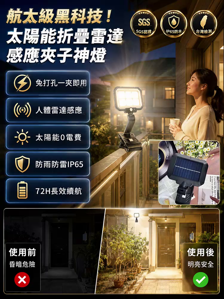 【航太級黑科技】太陽能折疊雷達感應夾子神燈