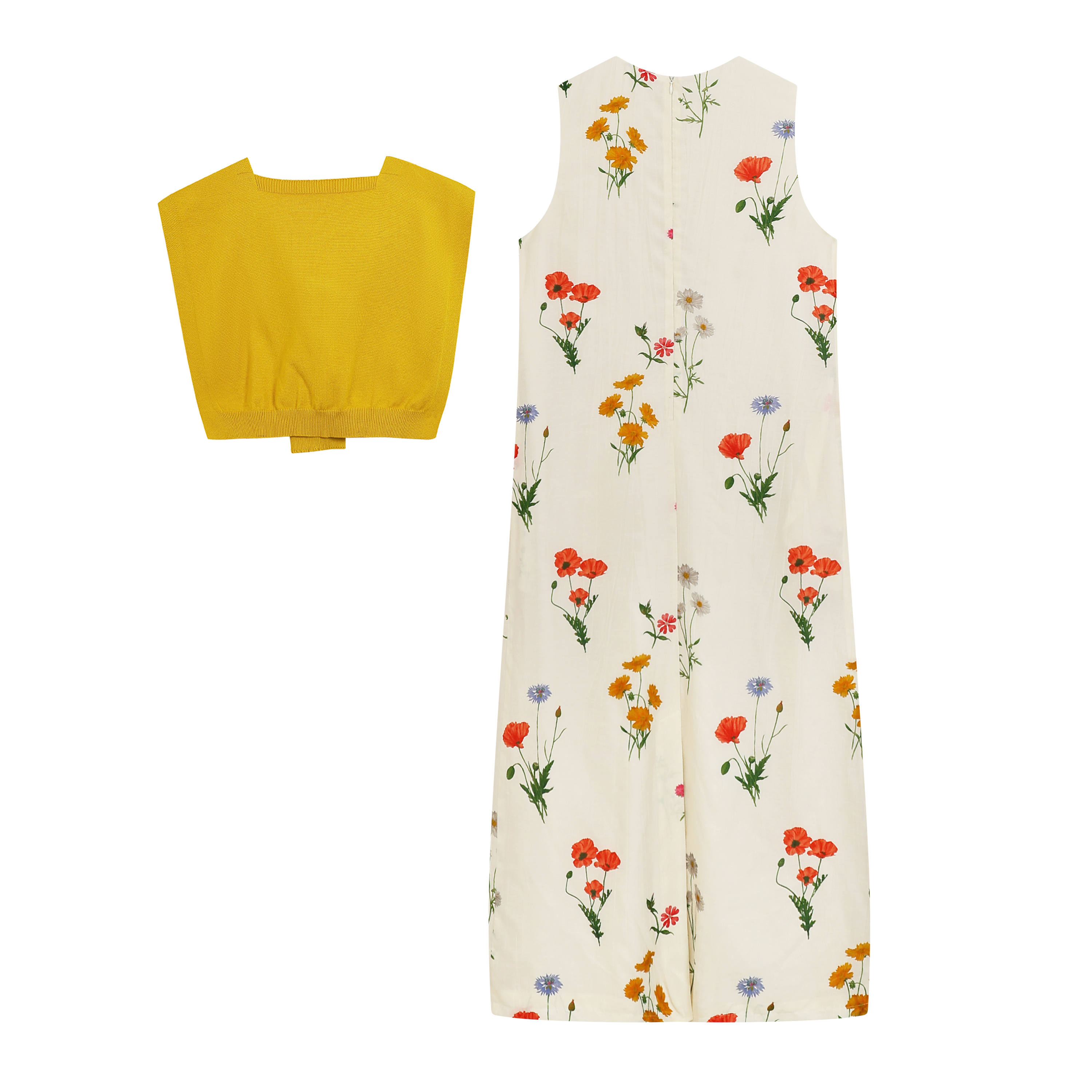 MieleKohler C794	杏色植物花卉印花無袖背心長裙 + 黃色綁結針織小披肩兩件套 休閒度假套裝女 MKBX821579
