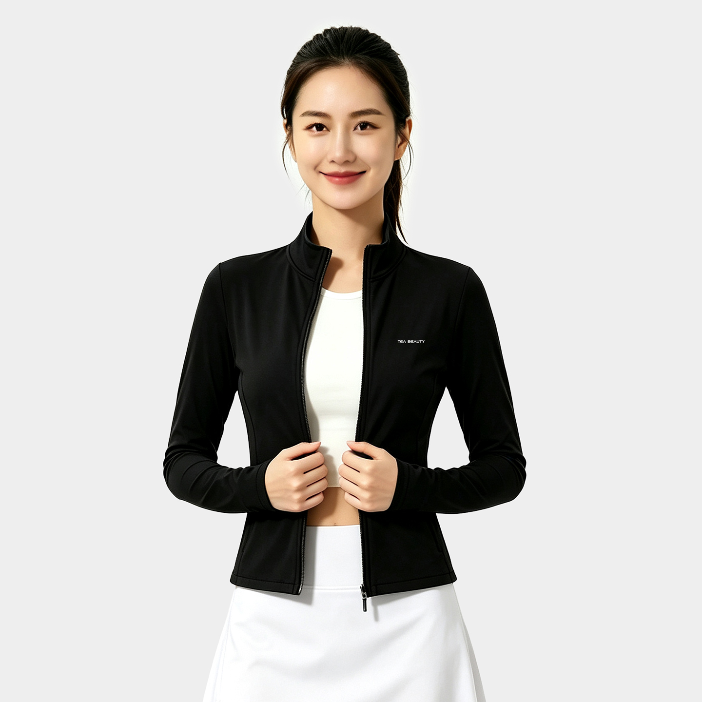 TEABEAUTY C211 雙拉鍊細坑條修身長袖運動外套女彈力顯瘦瑜伽健身上衣 N80902