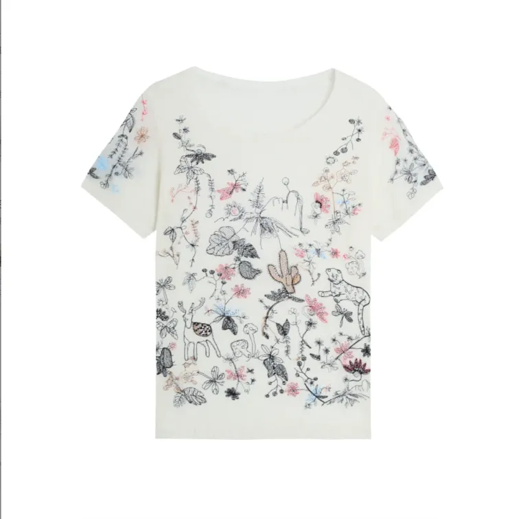 MieleKohler C112 米白森林動物花卉滿幅刺繡針織短袖女 薄款透氣小鹿豹子植物刺繡圓領上衣 MKBX3A434