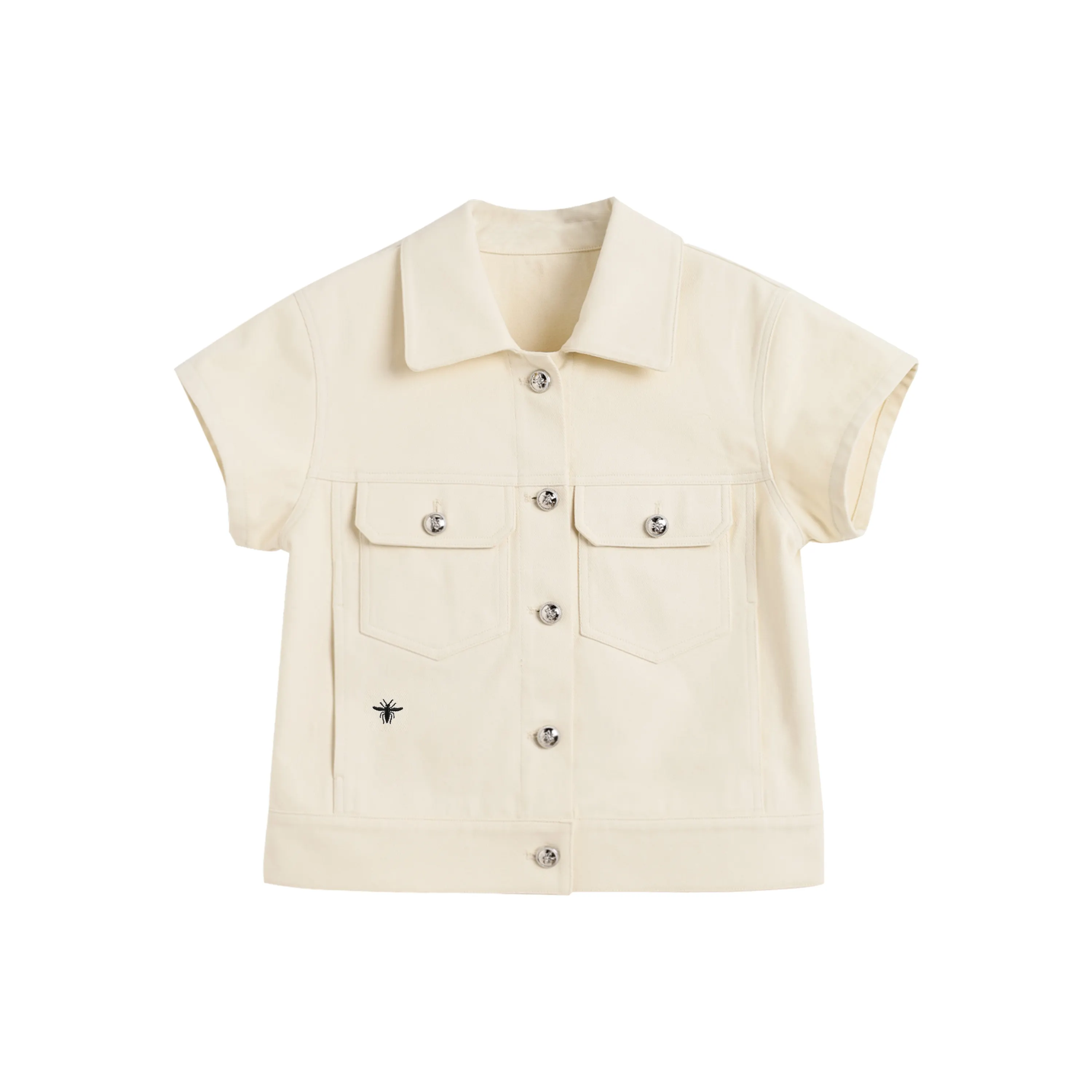 MieleKohler C185 米白小蜜蜂刺繡翻領雙口袋短袖短款牛仔外套女百搭休閒開衫上衣 MKAX81314