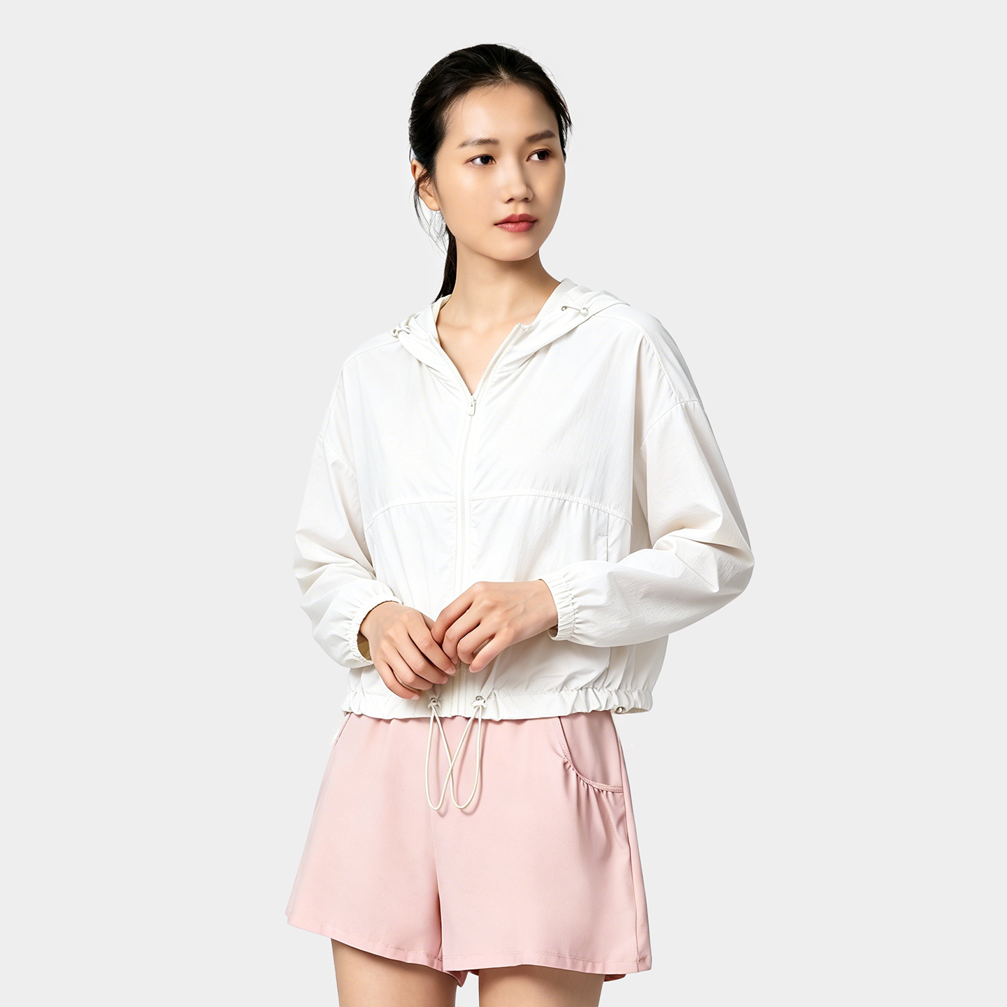 TEABEAUTY C215 連帽抽繩短款拉鍊防曬外套 戶外健身 N80911