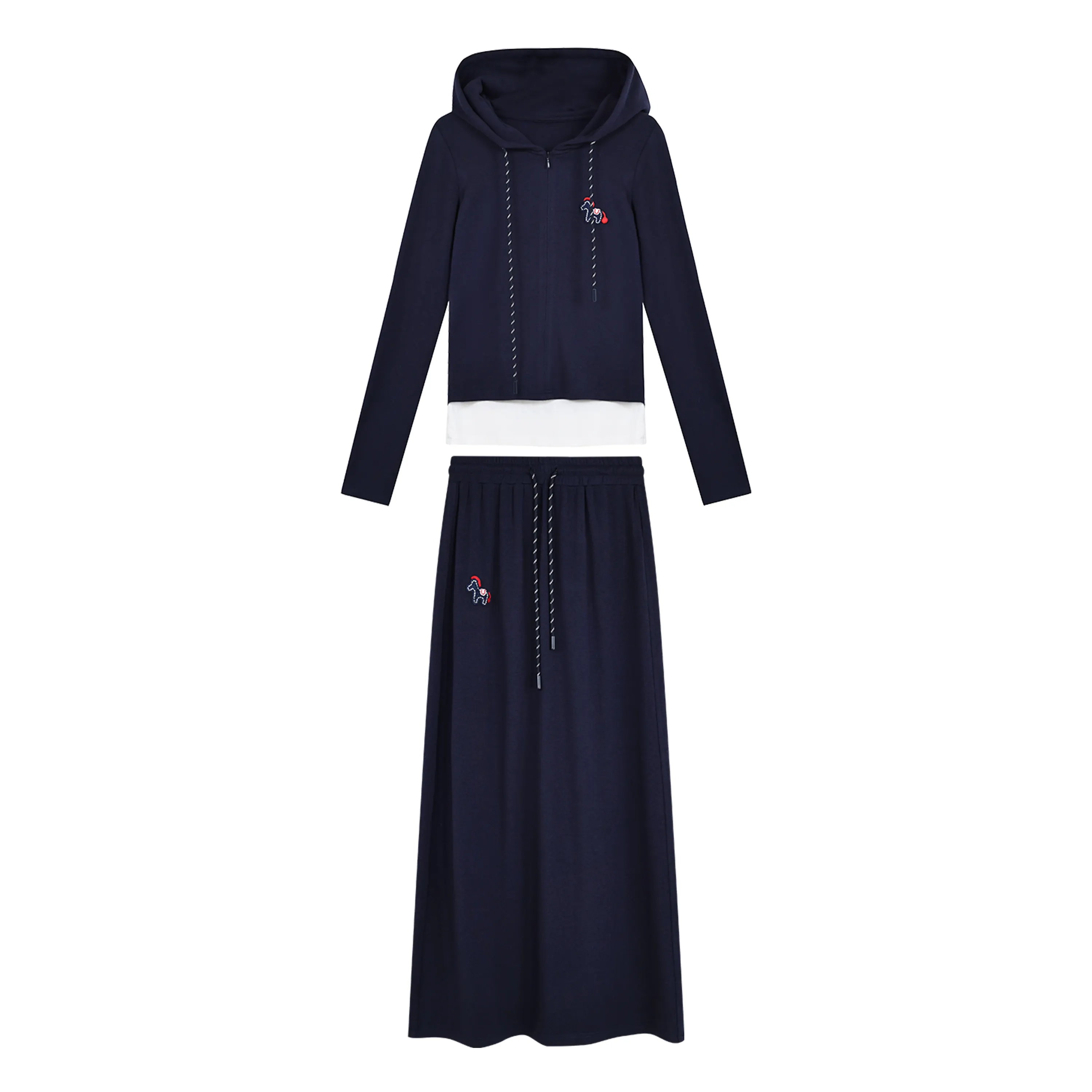 MieleKohler C73 藏青小馬刺繡假兩件連帽外套半身裙兩件套女 抽繩拉鍊休閒減齡套裝 MKBC891060