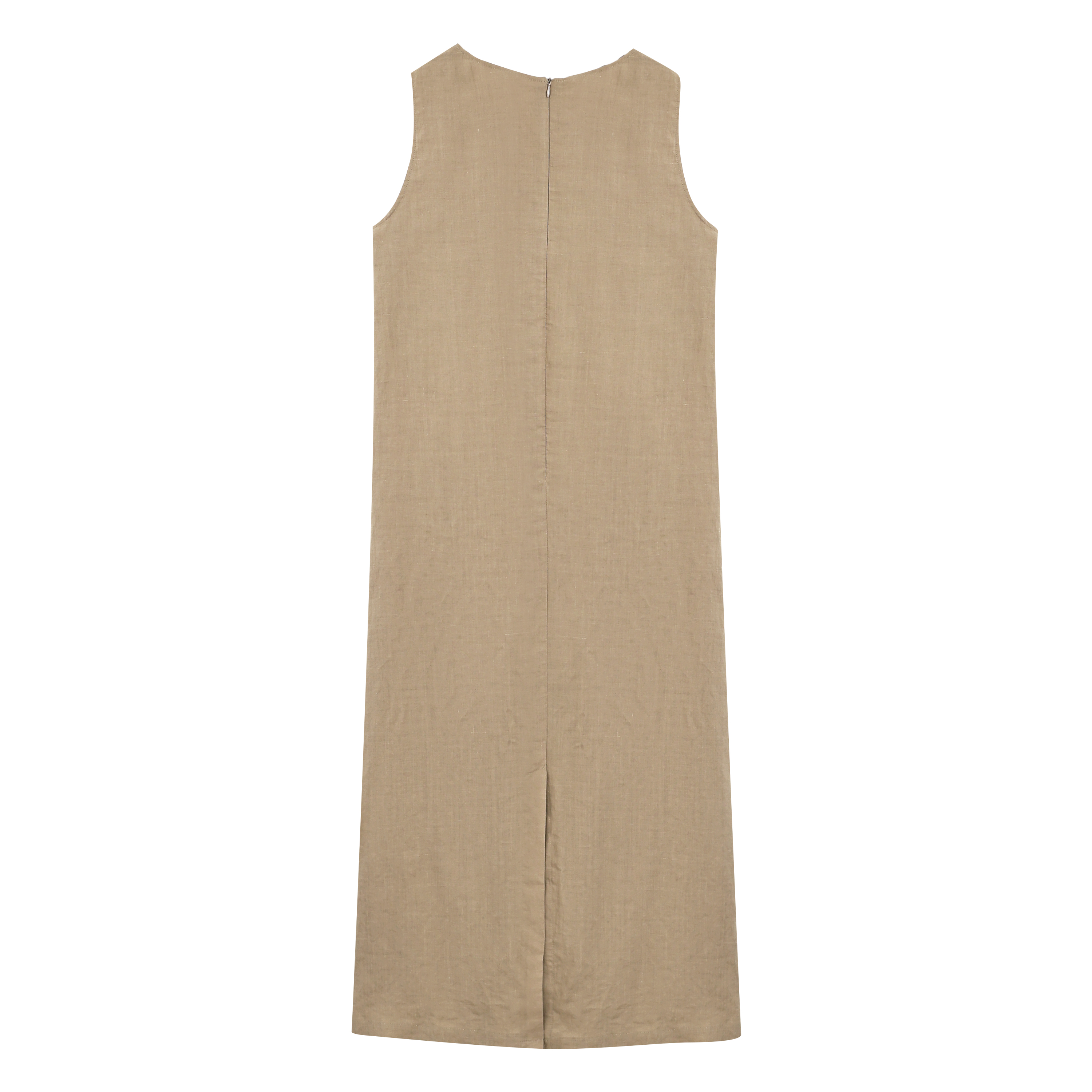 MieleKohler C100 淺卡其麻質無袖連身裙女 前襟立體流蘇飾小 V 領 文藝度假風寬鬆直筒中長裙 MKBX691255