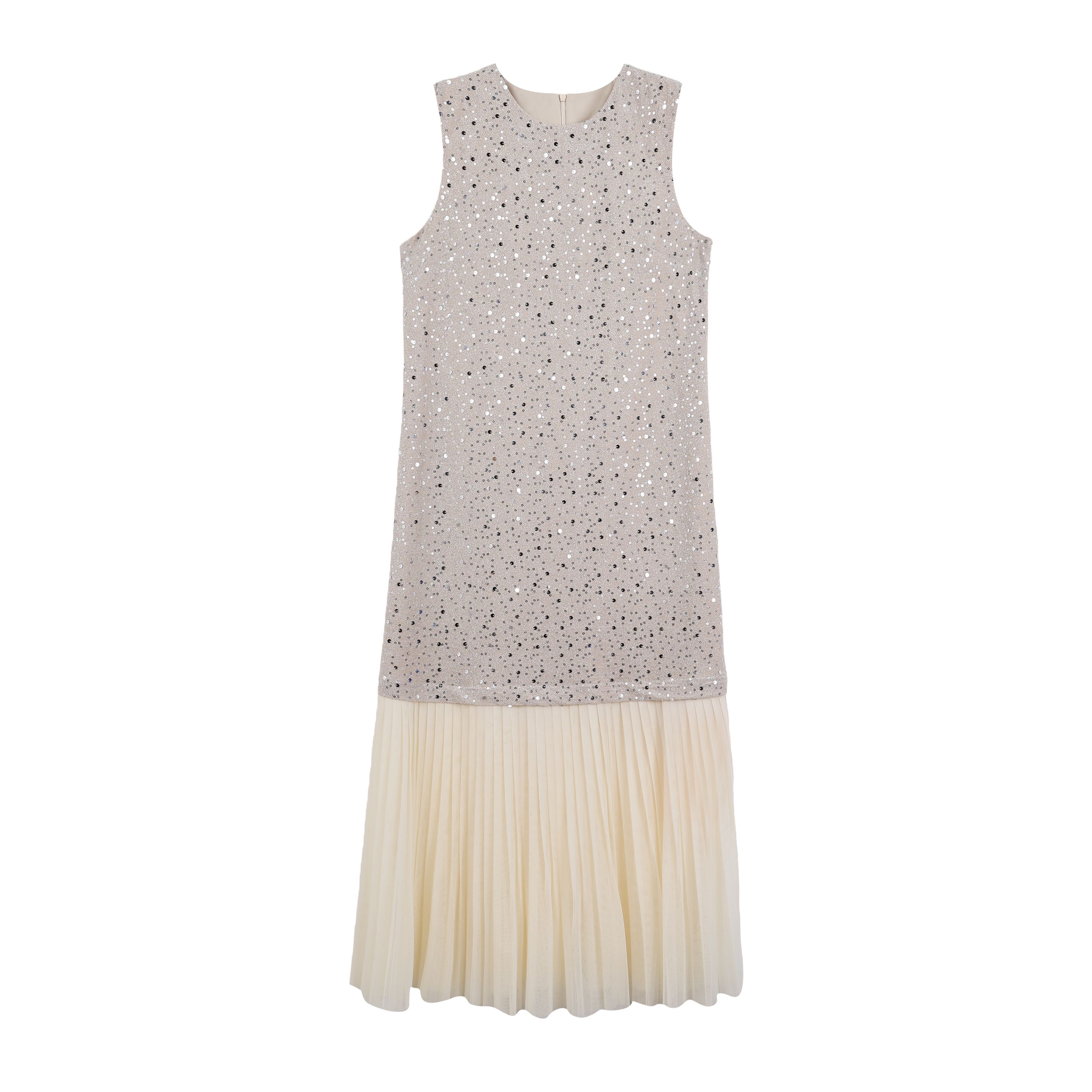 MieleKohler C129 淺杏滿鑽無袖拼接百褶長連身裙女 閃片上半身網紗垂擺 宴會約會生日派對氣質修身連身裙 MKBC811083