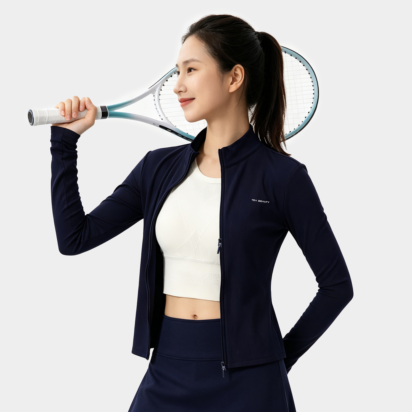 TEABEAUTY C211 雙拉鍊細坑條修身長袖運動外套女彈力顯瘦瑜伽健身上衣 N80902