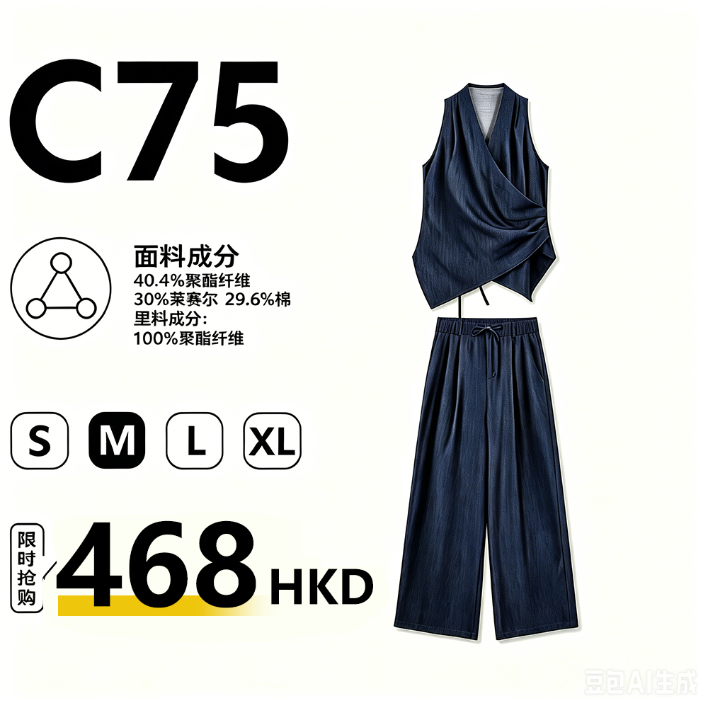 MieleKohler C75 深藍斜交抽繩無袖馬甲闊腿褲兩件套女 高腰壓褶垂順長褲輕熟通勤套裝 MKBX811101-1
