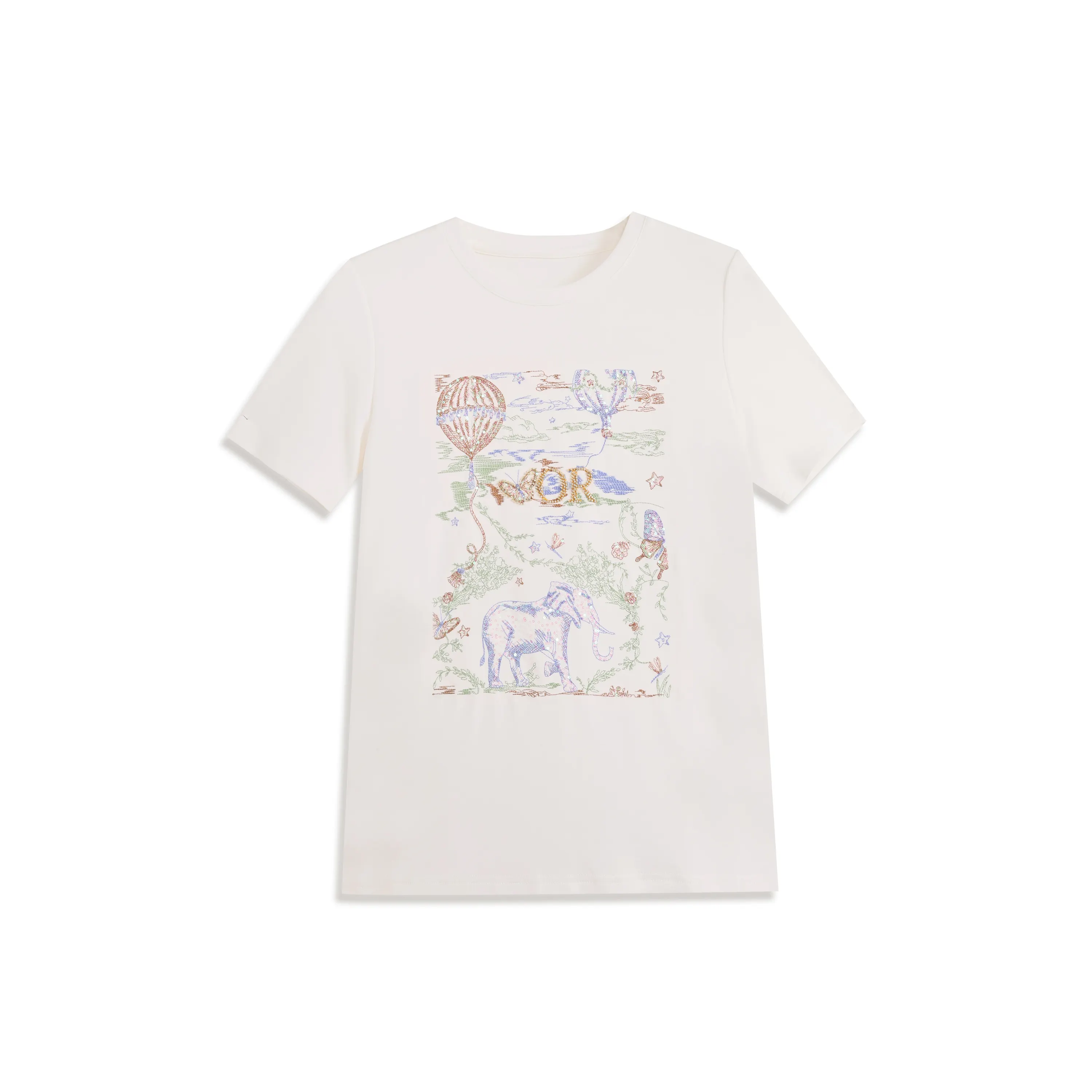 MieleKohler C91 米白大象熱氣球滿幅刺繡短袖 Tee 女 彩色花卉蝴蝶刺繡圓領溫柔田園風上衣 MKAX68800