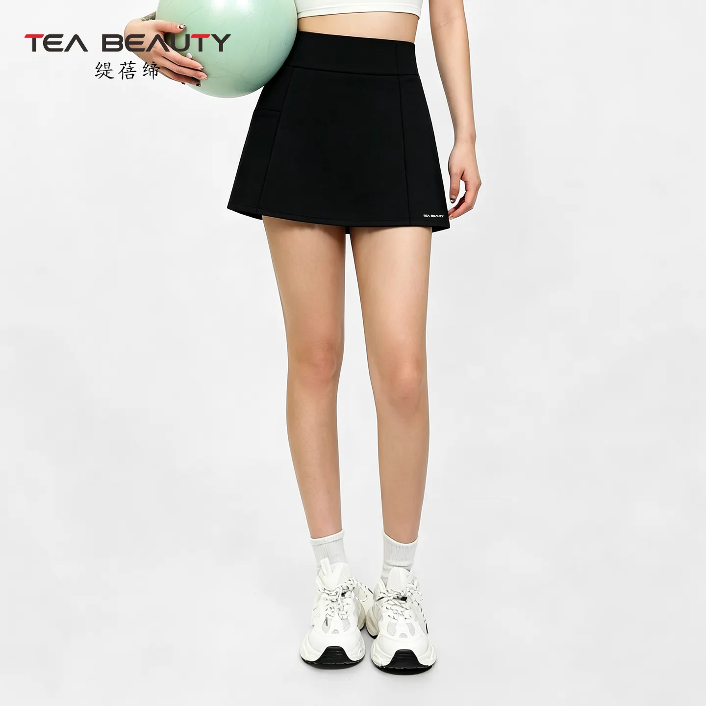 TEABEAUTY C219 高腰單側口袋防走光運動短裙女簡約字母標識瑜伽網球 N80937 