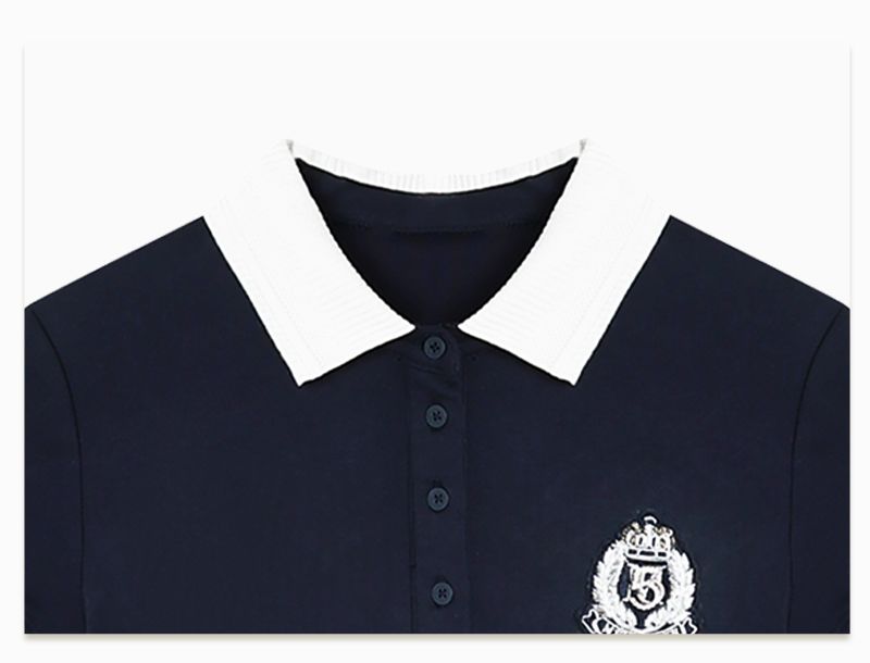 MieleKohler  C130 藏青撞白 Polo 短連身裙女 學院風徽章刺繡短袖修身短裙 撞色袖口下擺休閒少女連身裙 MKBX691186