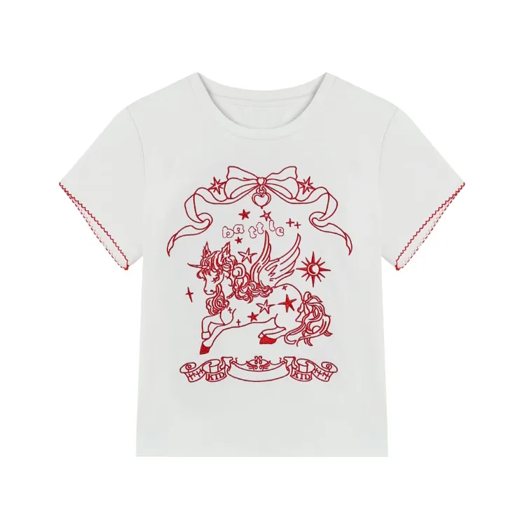 MieleKohler C126 白色獨角獸刺繡短袖 Tee 女 紅線條蝴蝶結星星刺繍波浪鎖邊袖口 甜妹少女風修身短款打底上衣 MKBX821293