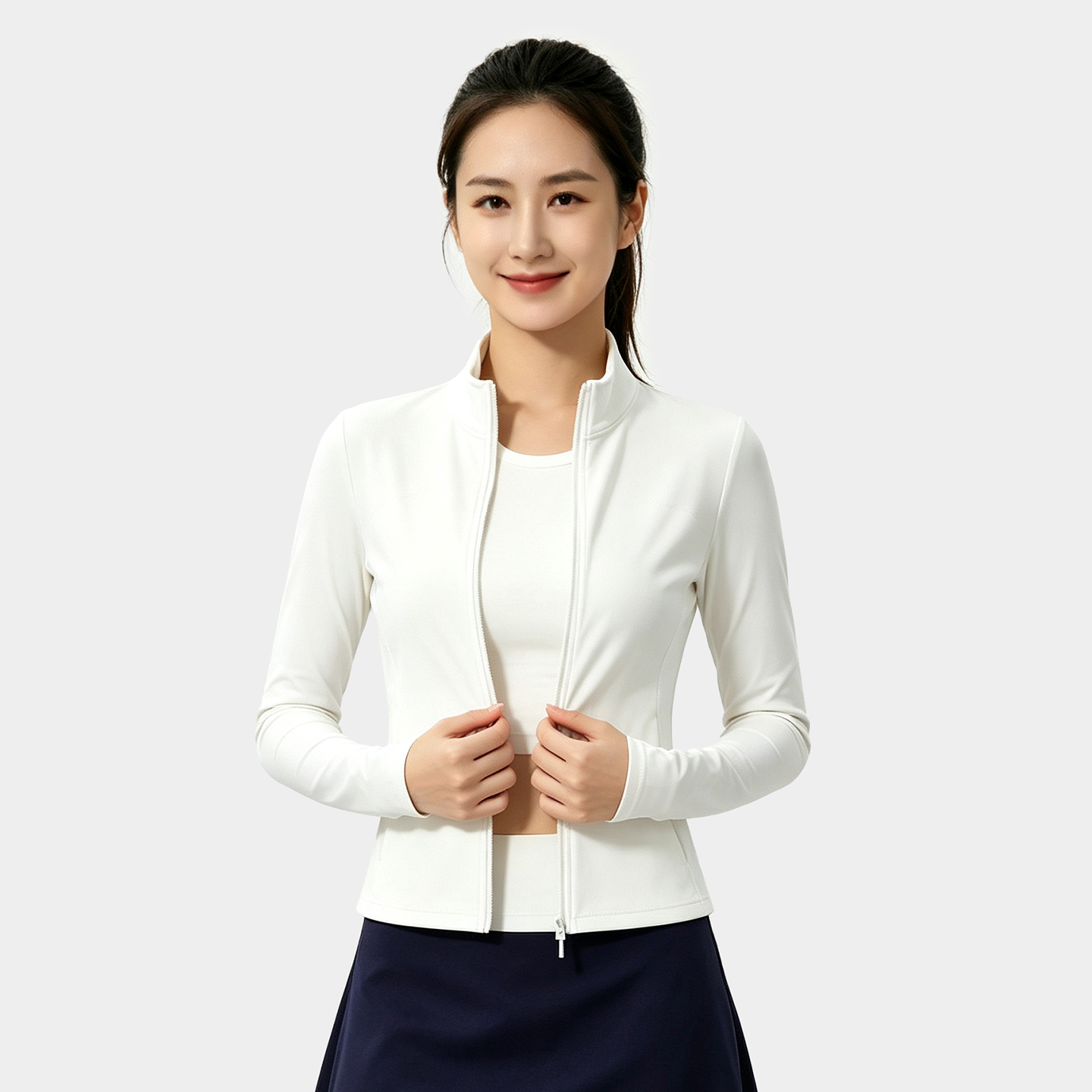 TEABEAUTY C211 雙拉鍊細坑條修身長袖運動外套女彈力顯瘦瑜伽健身上衣 N80902