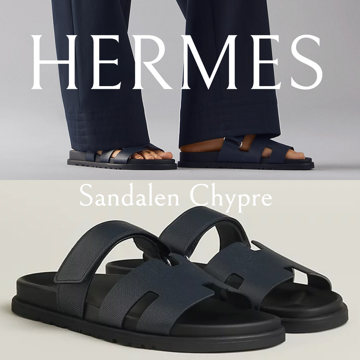 NEW*HERMES*Chypre Hカット レザーサンダル マリンブルー