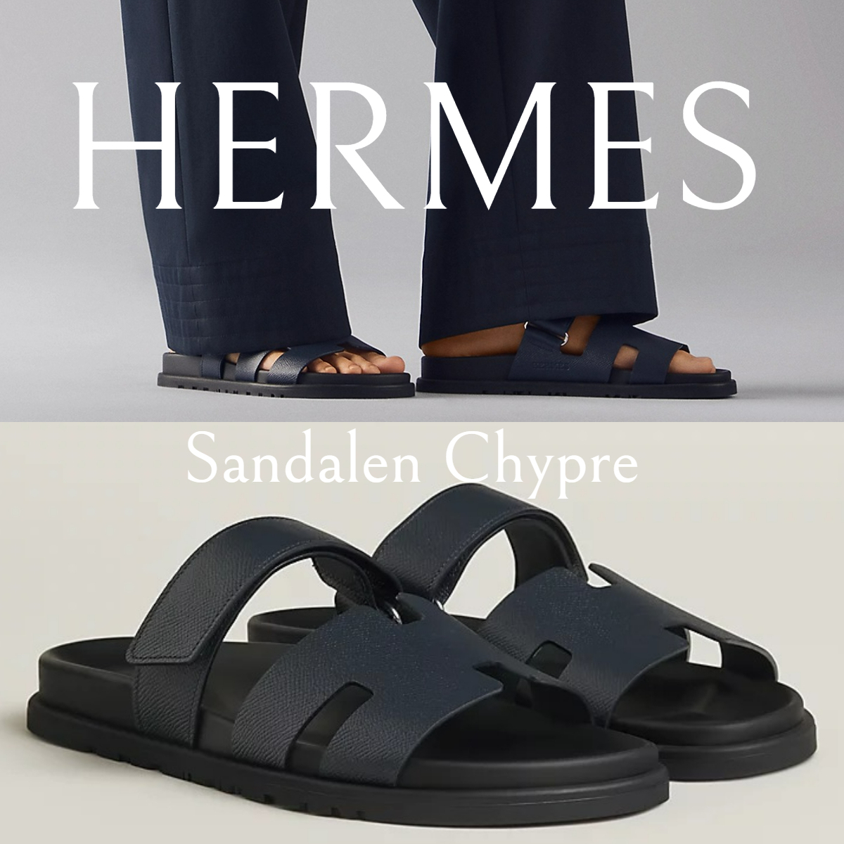 NEW*HERMES*Chypre Hカット レザーサンダル マリンブルー