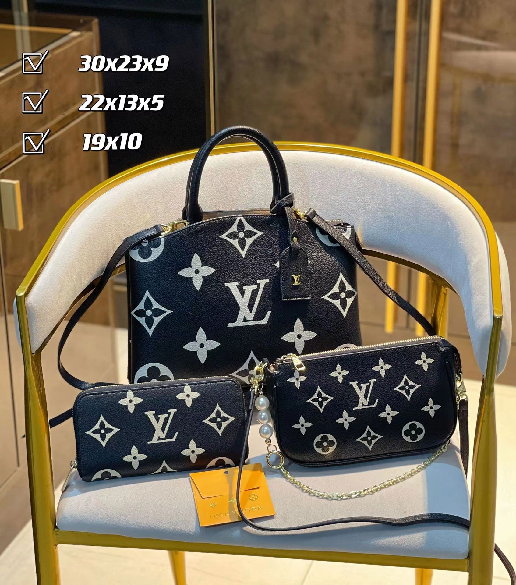 grand palais 黒 スリーピース割引セット ハンドバッグ メッセンジャーバッグ 財布 大容量【送料無料】-BRAND OFF