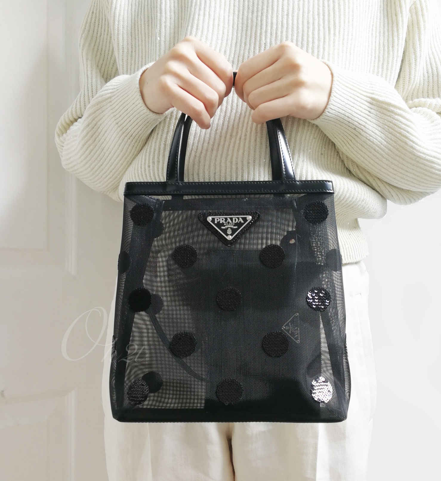 PRADA スモール ポルカドット メッシュ トートバッグ-BRAND OFF