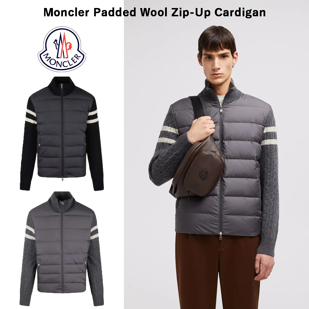 Moncler Padded Wool Zip-Up Cardigan Black/Dark Gray モンクレール パッド入りウール ジップアップ カーディガン ブラック/ダークグレー-BRAND OFF