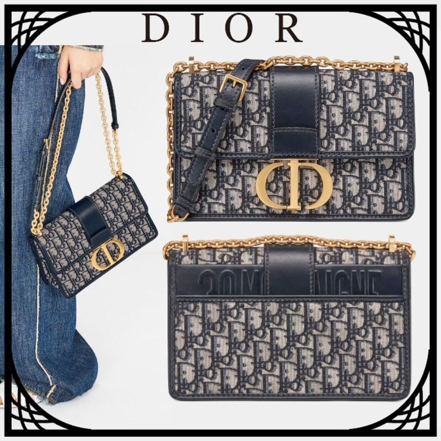 【DIOR】ブルー “30 MONTAIGNE” ディオール オブリーク ジャカード キャンバス フラップ チェーンクラッチバッグ-BRAND OFF