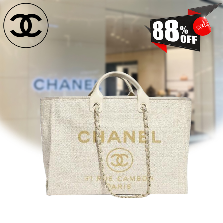 【CHANEL】シャネル SHOPPING BAG ショッピングバッグCOTTON ゴールドトーン大きい象牙-BRAND OFF