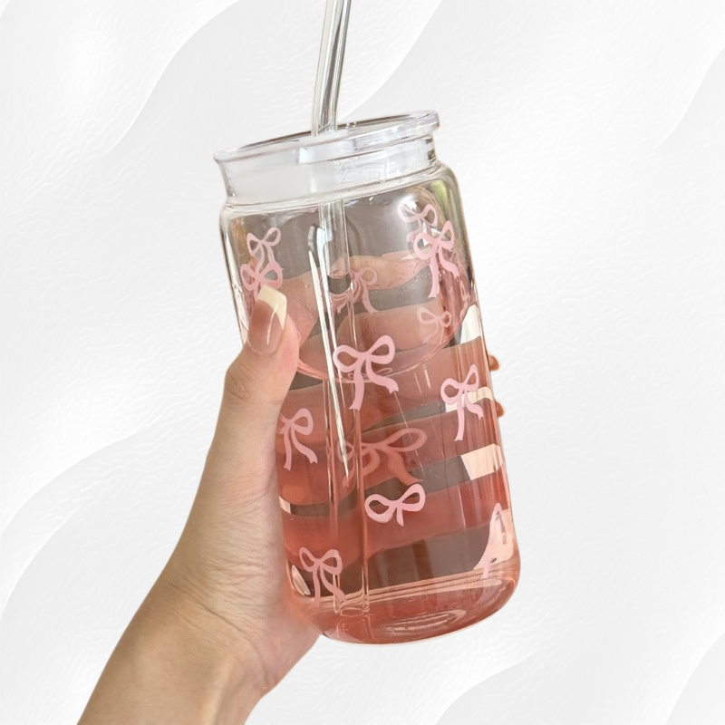 蝴蝶結吸管玻璃杯 大容量可愛果汁杯 耐高溫咖啡杯